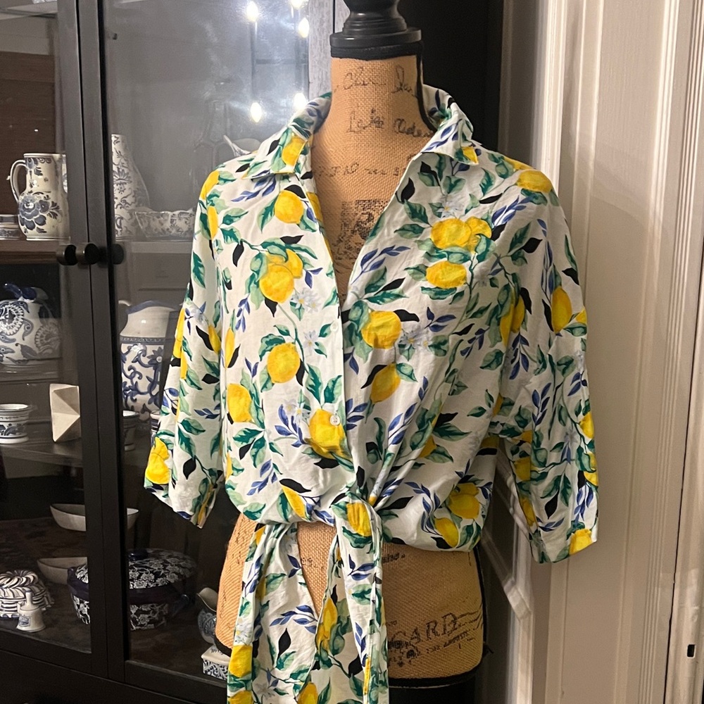 Lemon Print Women's Blouse with Tie Front
